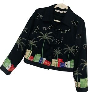 Vintage Tunique Crop Jacket Artsy Statement Palm‎ Tree Cityscape Resort Women M